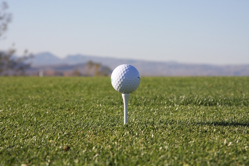 Golf on the Roseland Peninsula - golf ball on tee on green